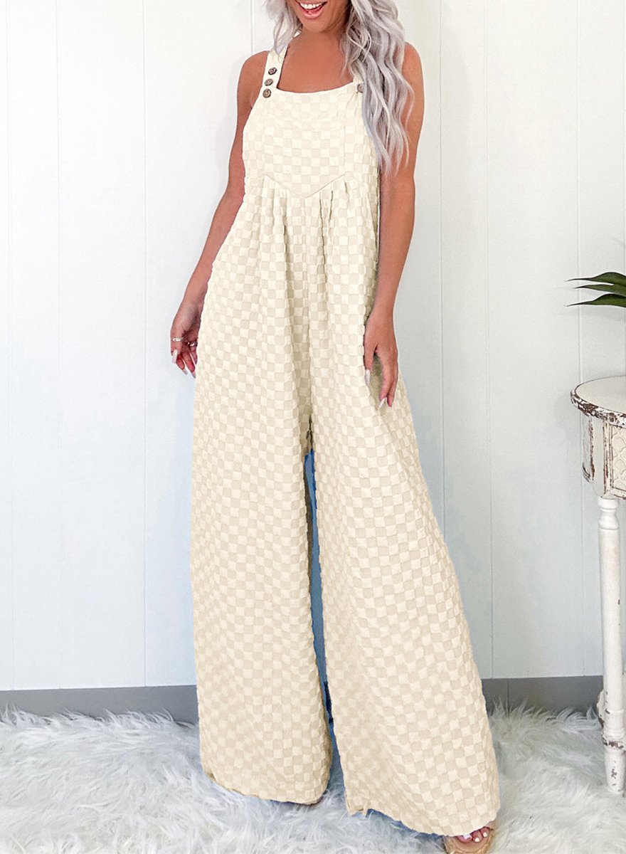 Love Salve  Beige Checkered Pocketed High Waist Wide Leg