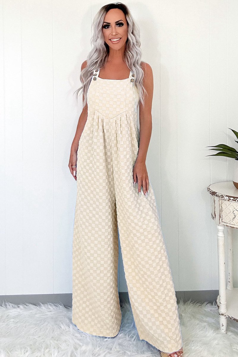 Love Salve  Beige Checkered Pocketed High Waist Wide Leg
