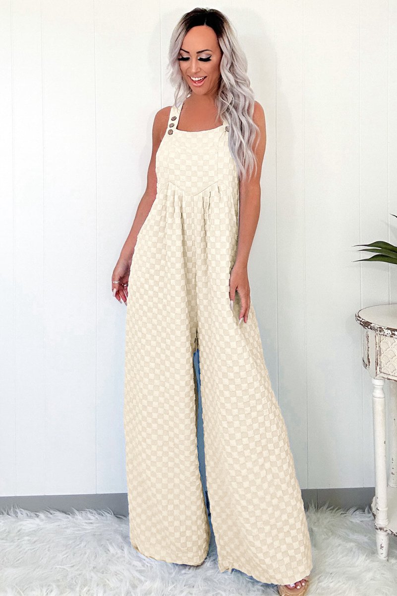 Love Salve  Beige Checkered Pocketed High Waist Wide Leg
