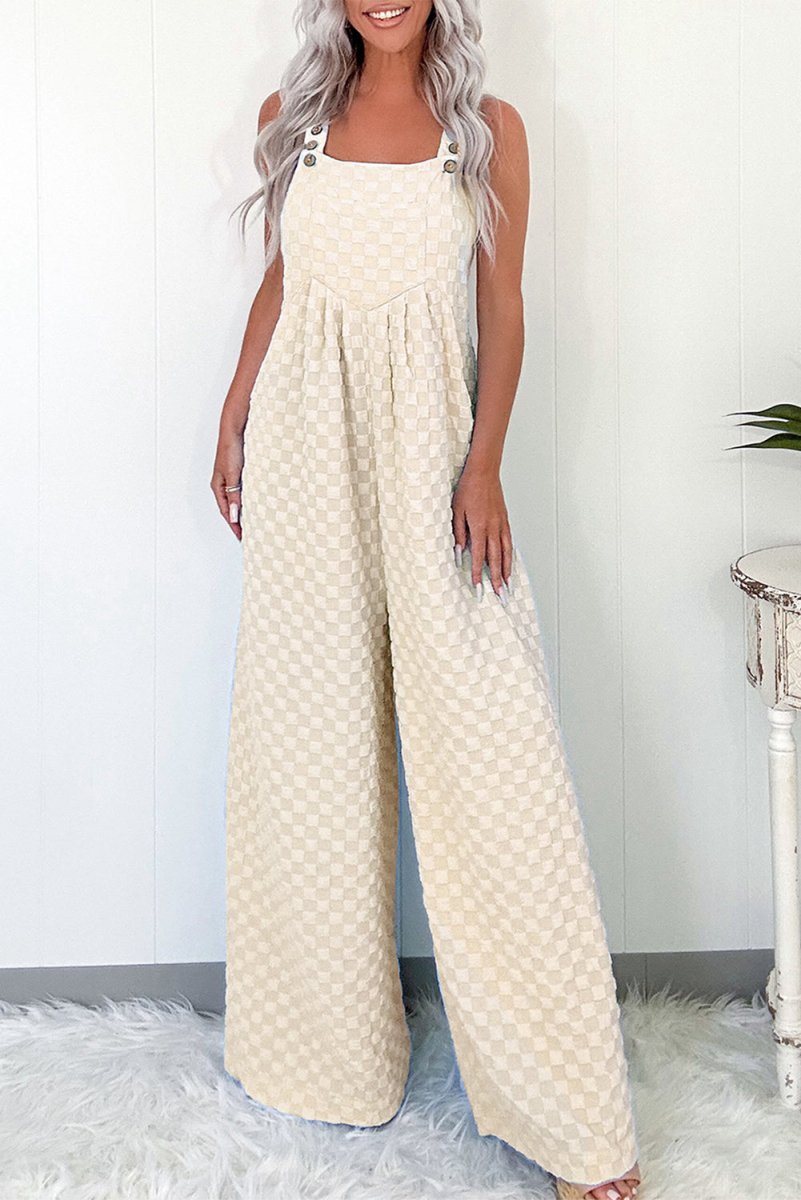 Love Salve  Beige Checkered Pocketed High Waist Wide Leg