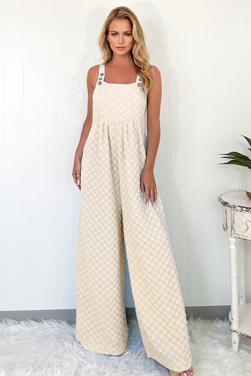 Love Salve  Beige Checkered Pocketed High Waist Wide Leg