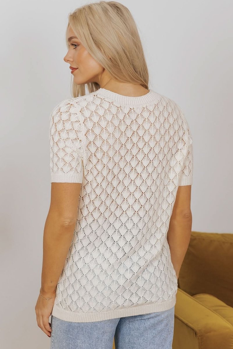 Love Salve  Beige Cut-Out Crochet Short Sleeve Sweater Tee