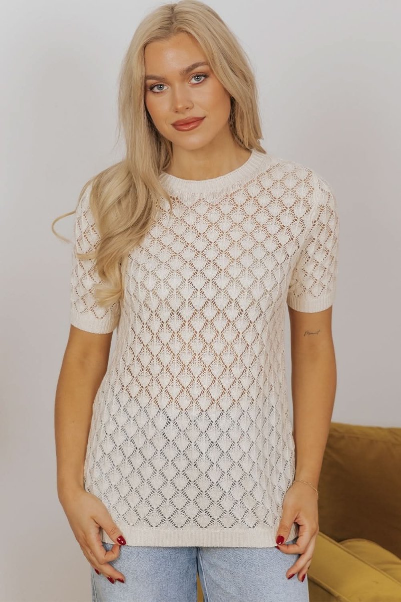 Love Salve  Beige Cut-Out Crochet Short Sleeve Sweater Tee