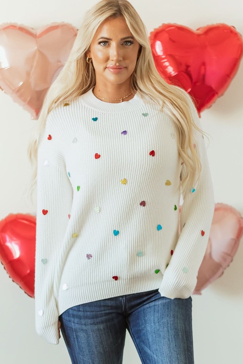 Love Salve  Beige Heart Sequin Waffle Knit Sweater with