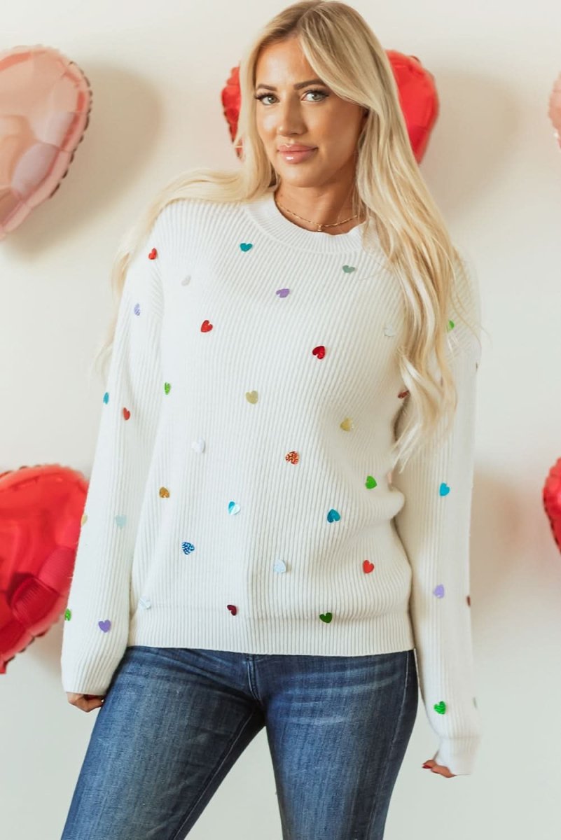 Love Salve  Beige Heart Sequin Waffle Knit Sweater with