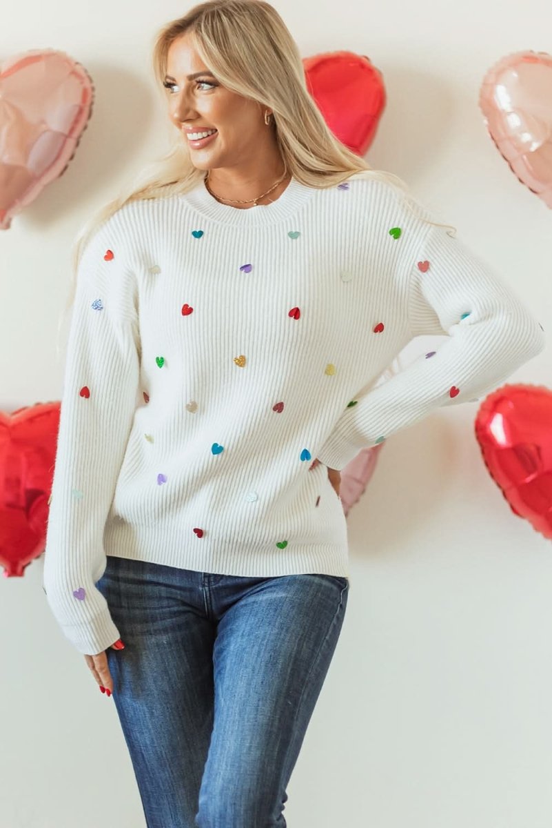 Love Salve  Beige Heart Sequin Waffle Knit Sweater with