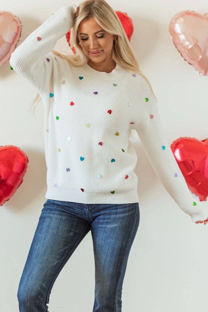 Love Salve  Beige Heart Sequin Waffle Knit Sweater with