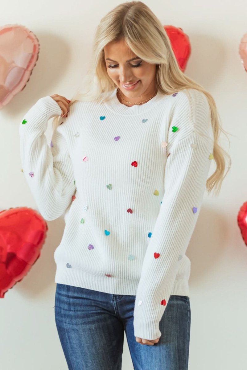 Love Salve  Beige Heart Sequin Waffle Knit Sweater with