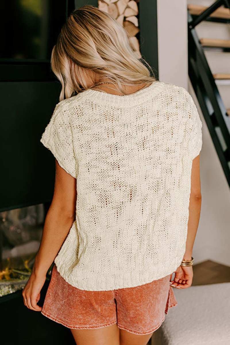 Beige Notched V Neck Short Sleeve Sweater for Casual Wear