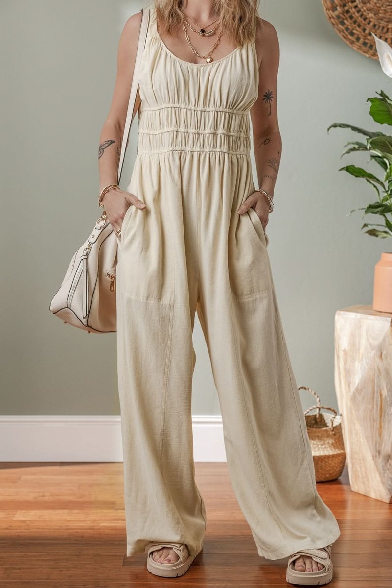 Beige Sleeveless Wide Leg Jumpsuit with Ruched High Waist Design