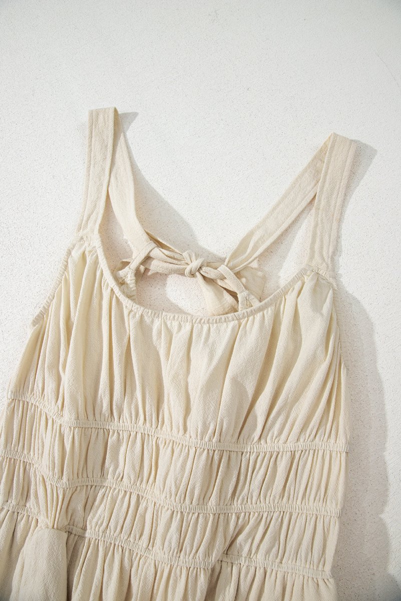 Beige Sleeveless Wide Leg Jumpsuit with Ruched High Waist Design