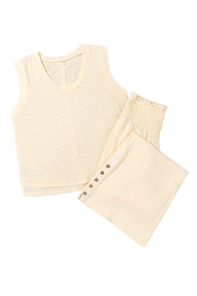 Beige Solid Color Tank Top and Smocked Waist Pants Set