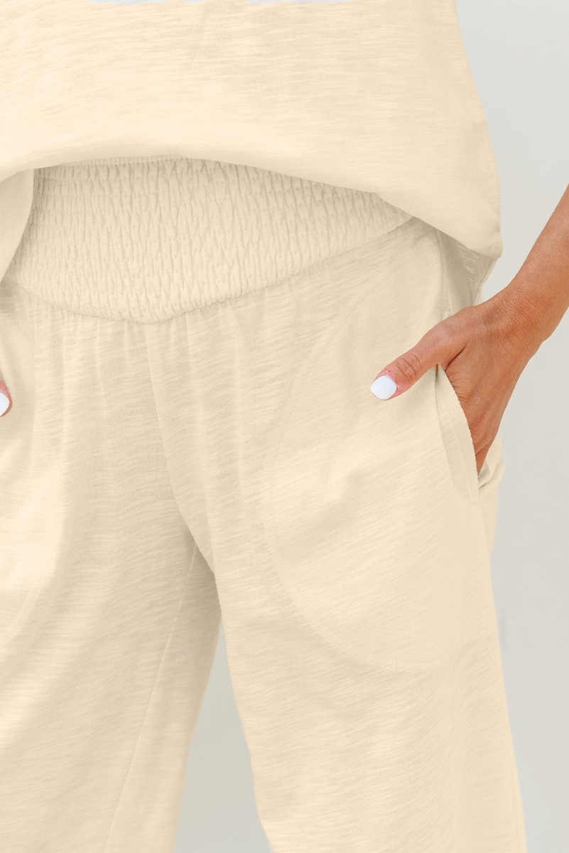 Beige Solid Color Tank Top and Smocked Waist Pants Set