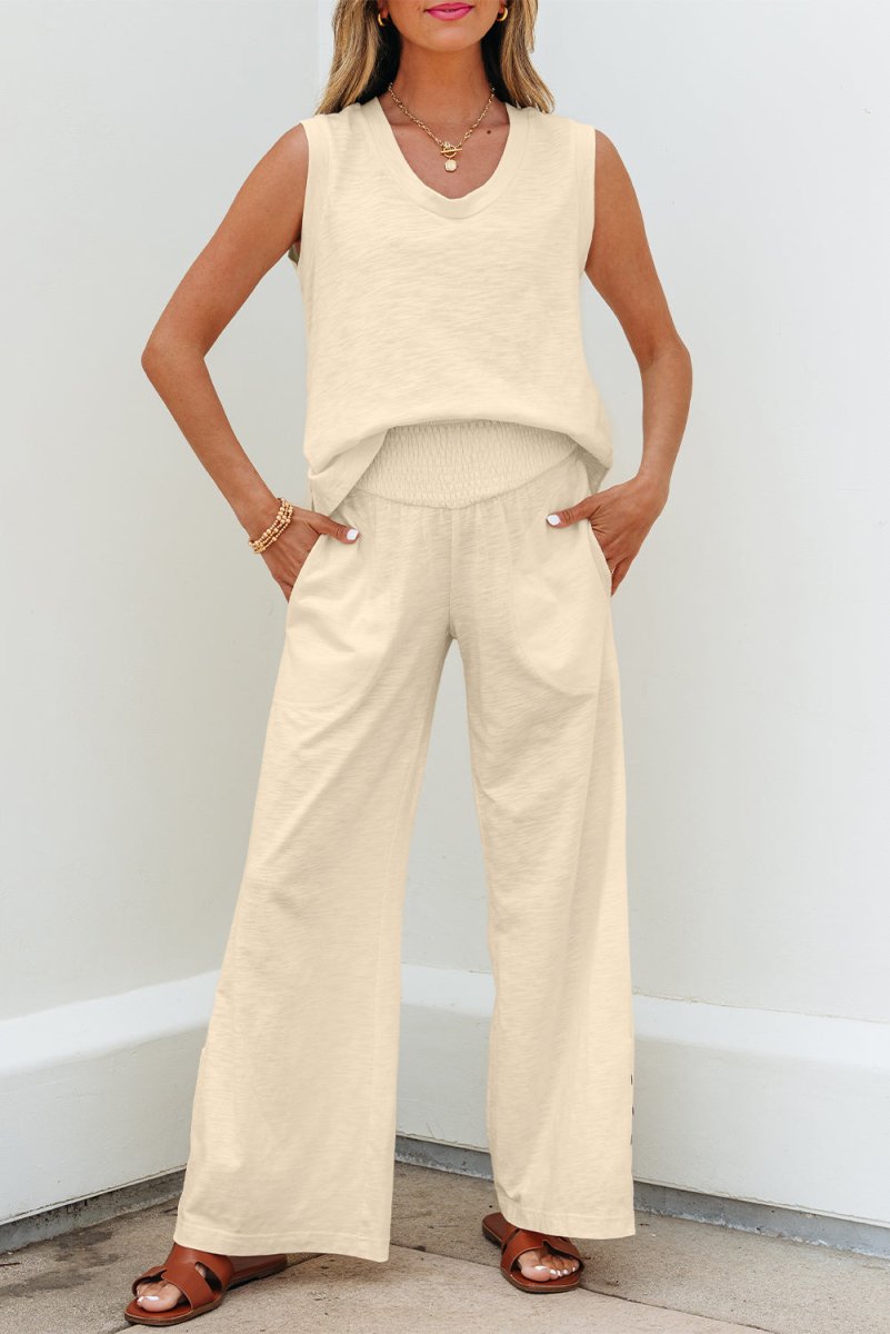 Beige Solid Color Tank Top and Smocked Waist Pants Set