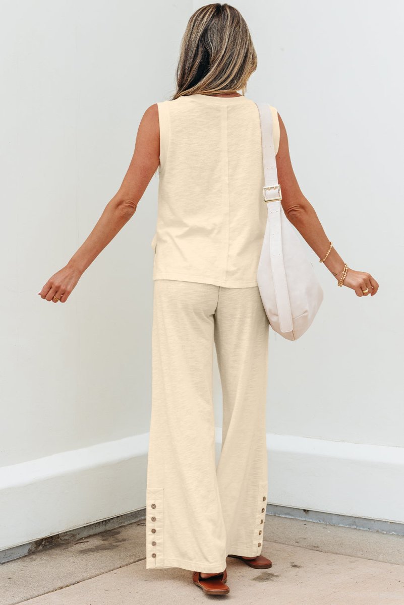 Beige Solid Color Tank Top and Smocked Waist Pants Set