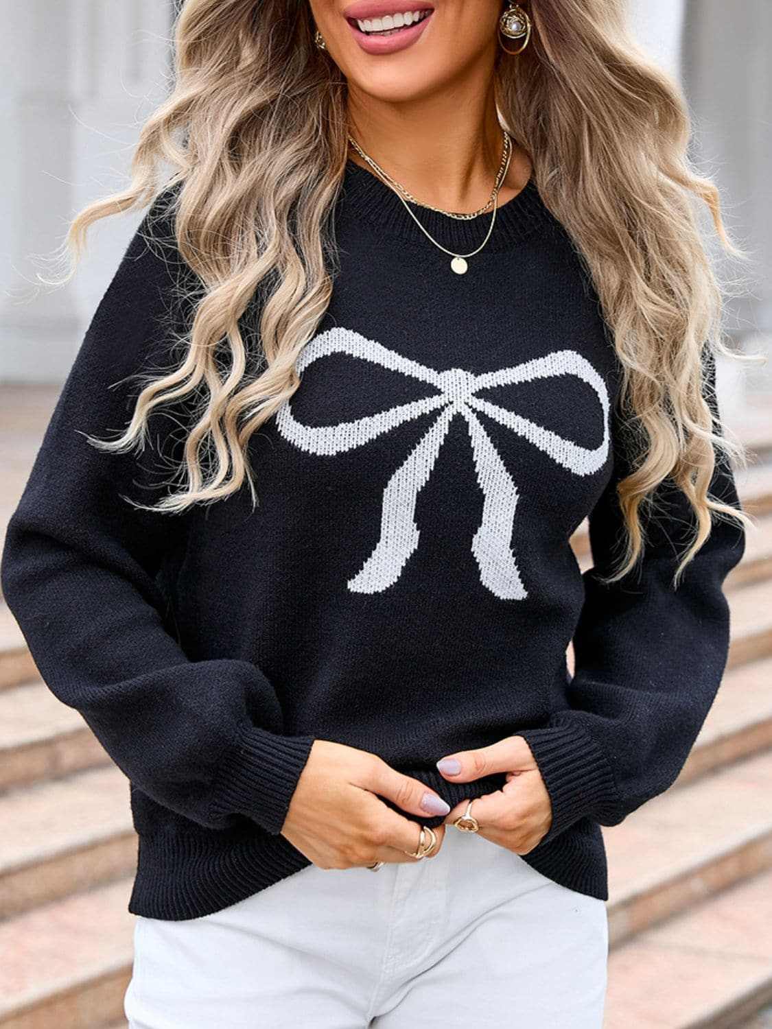 Charming bow print long sleeve sweater