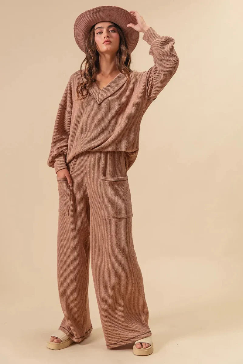 BiBi 2tone Cord Rib Waist Band Side Pocket Pants for Women