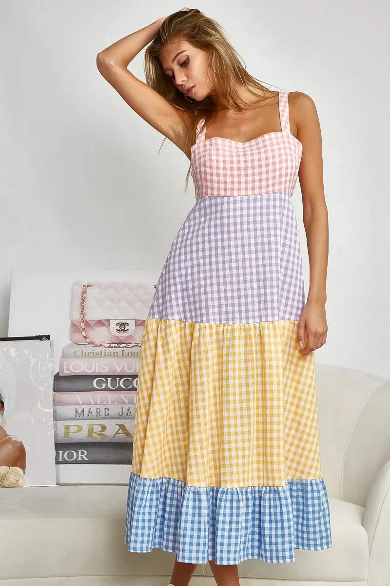 BiBi Color Block Tiered Gingham Dress for Summer Fun