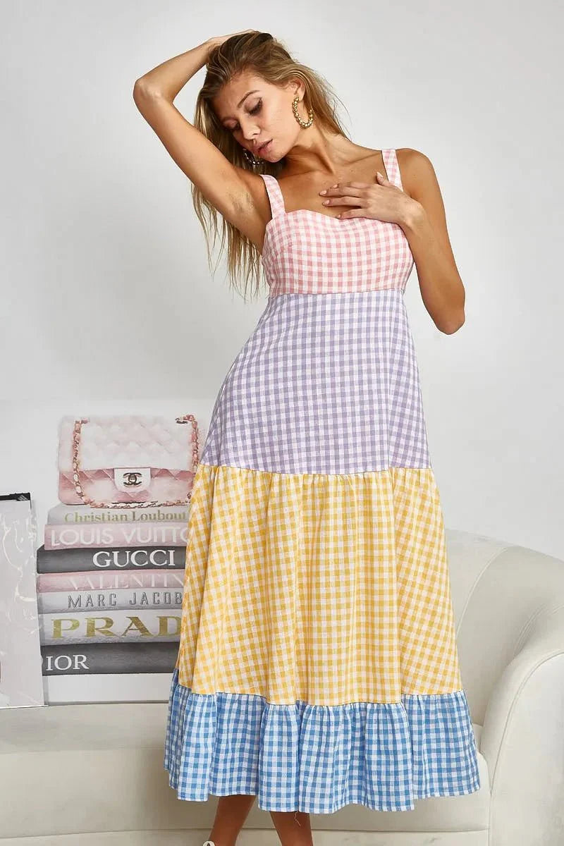 BiBi Color Block Tiered Gingham Dress for Summer Fun