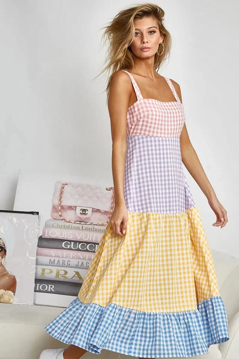 BiBi Color Block Tiered Gingham Dress for Summer Fun