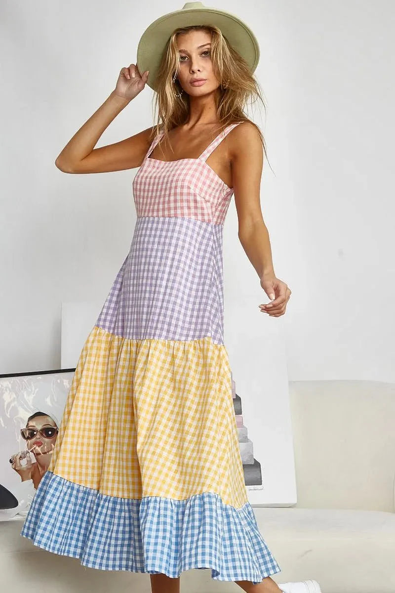 BiBi Color Block Tiered Gingham Dress for Summer Fun