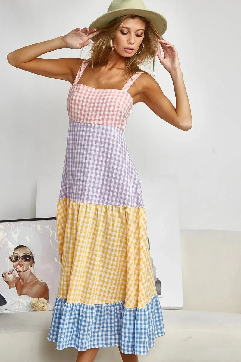 BiBi Color Block Tiered Gingham Dress for Summer Fun