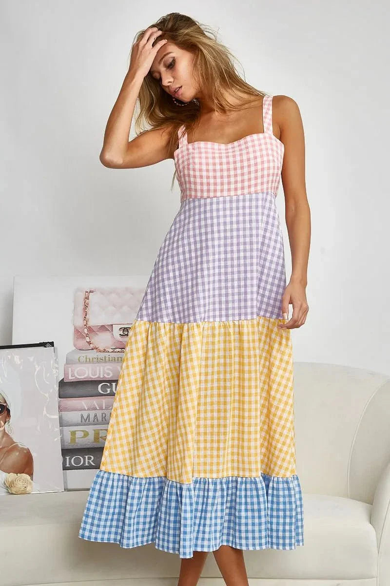 BiBi Color Block Tiered Gingham Dress for Summer Fun