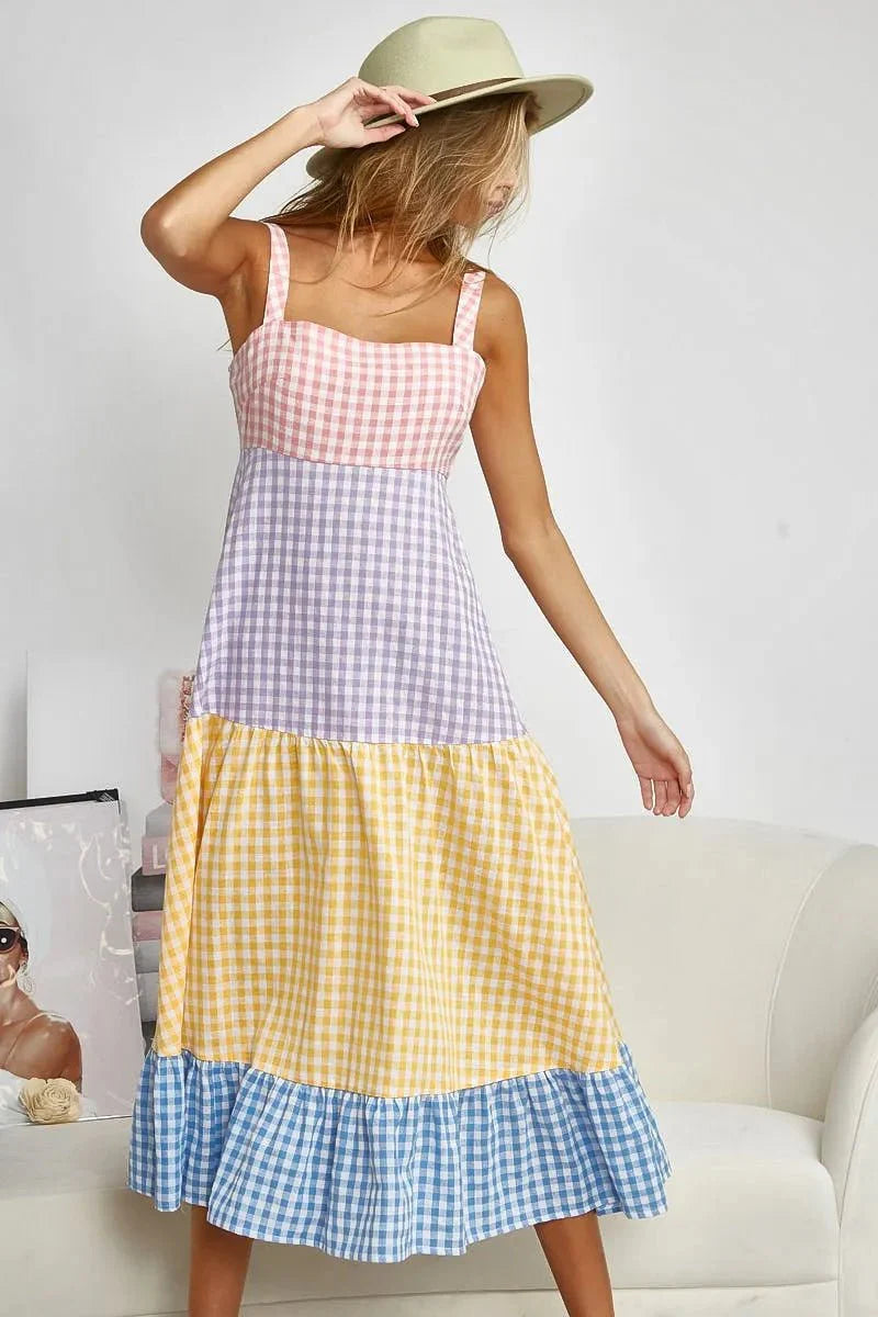 BiBi Color Block Tiered Gingham Dress for Summer Fun