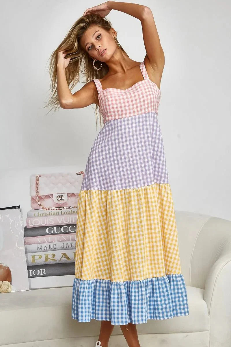 BiBi Color Block Tiered Gingham Dress for Summer Fun
