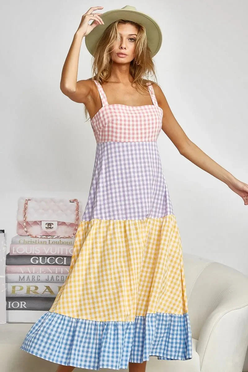 BiBi Color Block Tiered Gingham Dress for Summer Fun