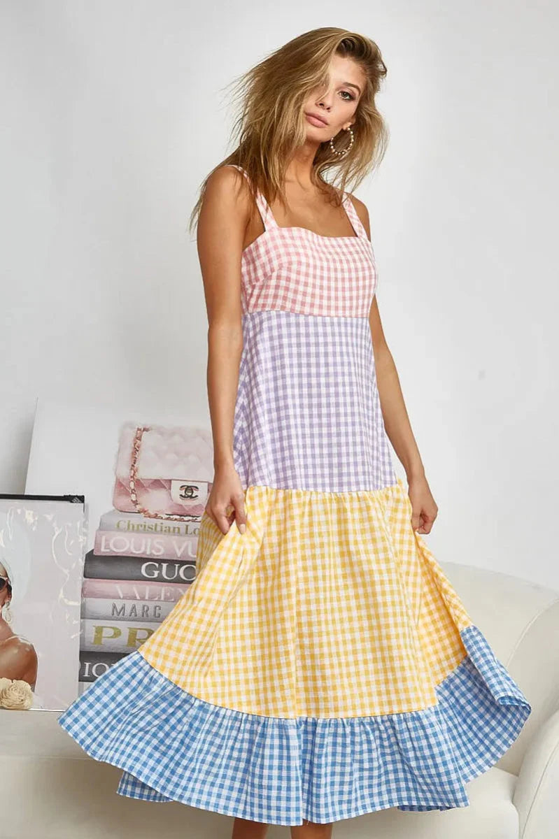 BiBi Color Block Tiered Gingham Dress for Summer Fun