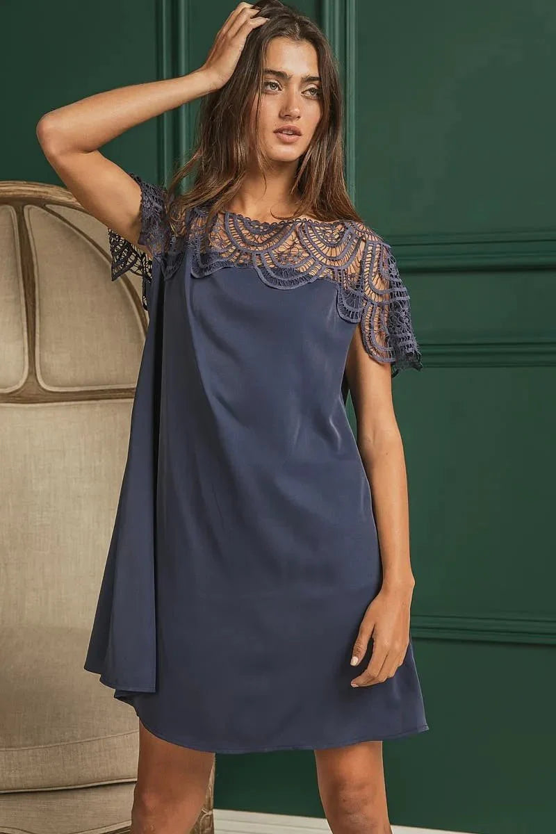 BiBi Crochet Lace Yoke Detailed Wrinkled Dress For Women