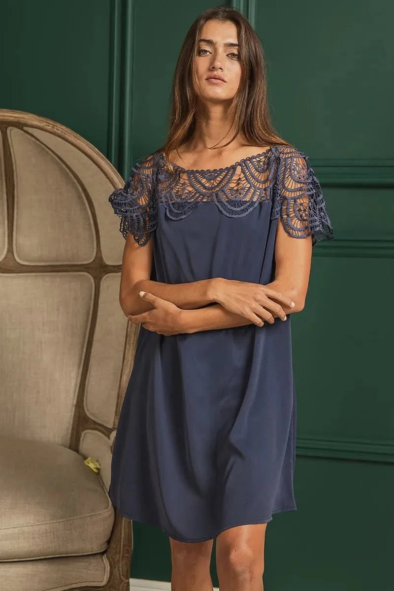 BiBi Crochet Lace Yoke Detailed Wrinkled Dress For Women