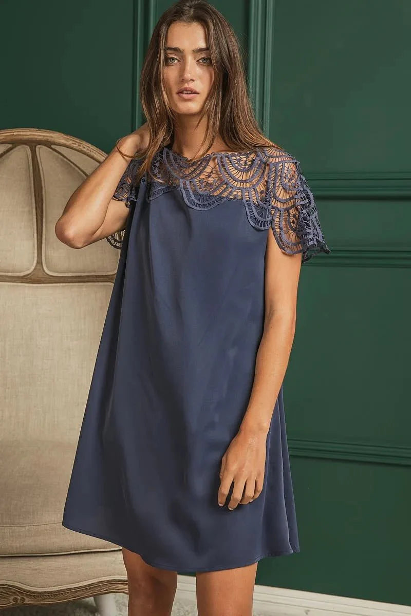 BiBi Crochet Lace Yoke Detailed Wrinkled Dress For Women