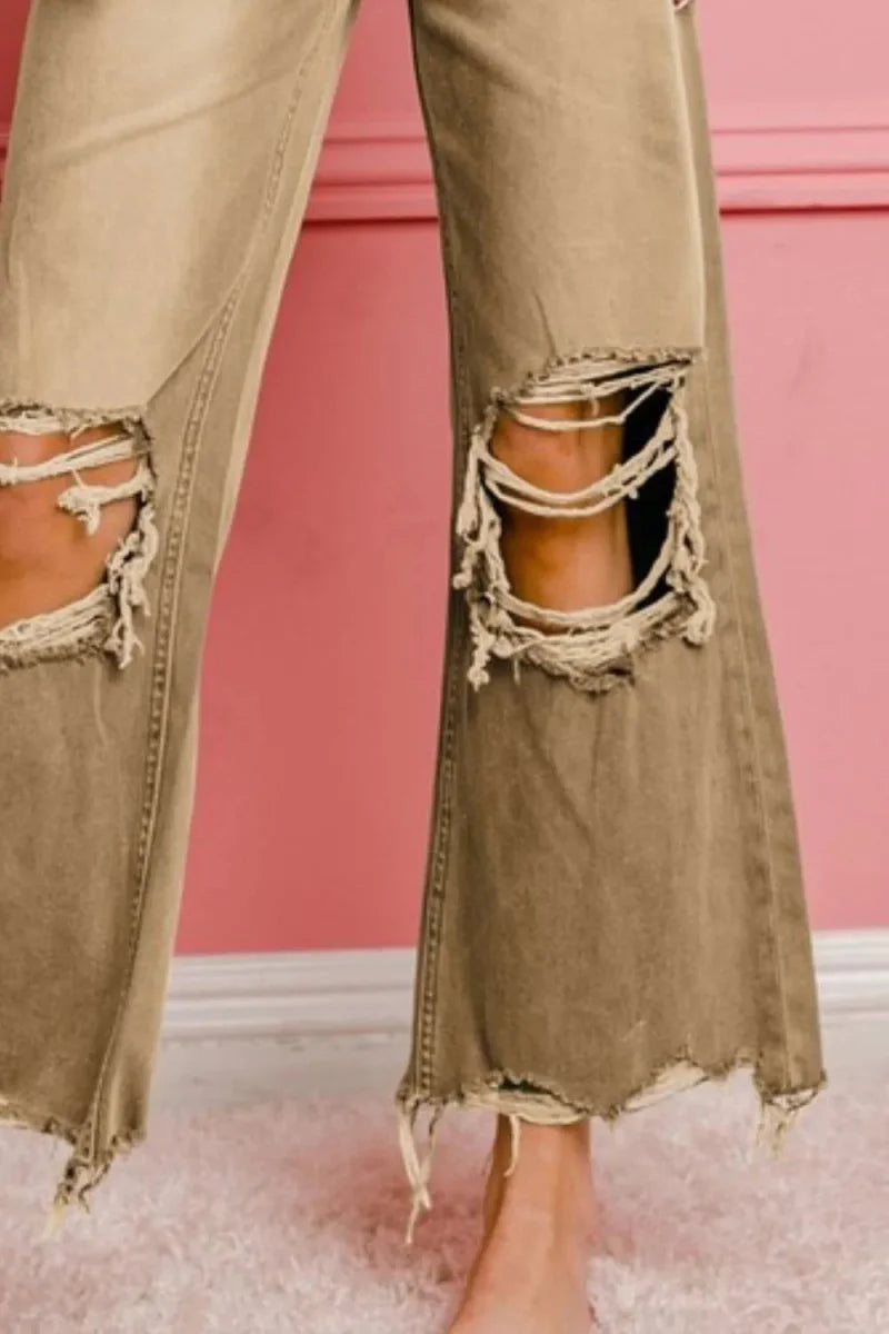 BiBi Distressed Vintage Washed Wide Leg Pants for Women