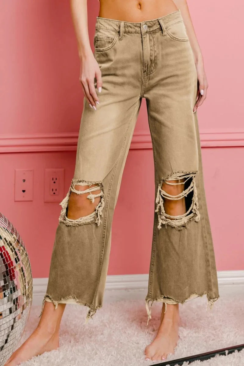 BiBi Distressed Vintage Washed Wide Leg Pants for Women