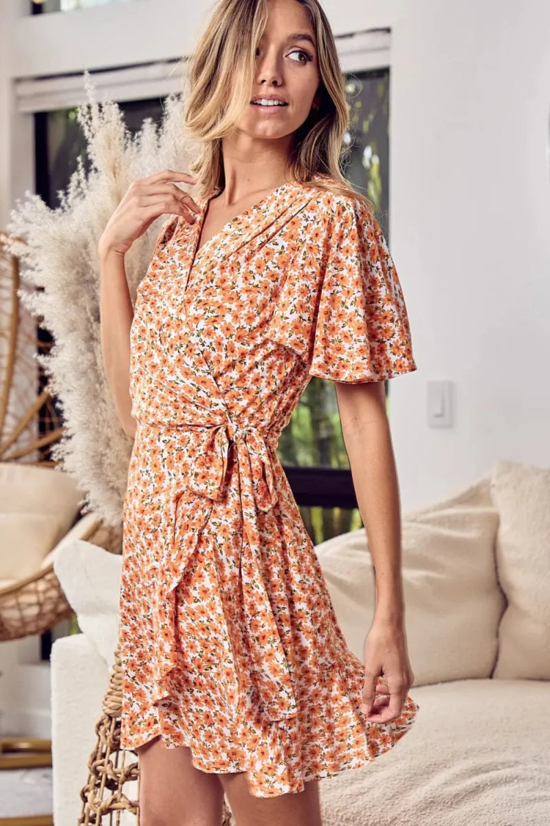 BiBi Floral Tied Short Sleeve Mini Wrap Dress for Summer