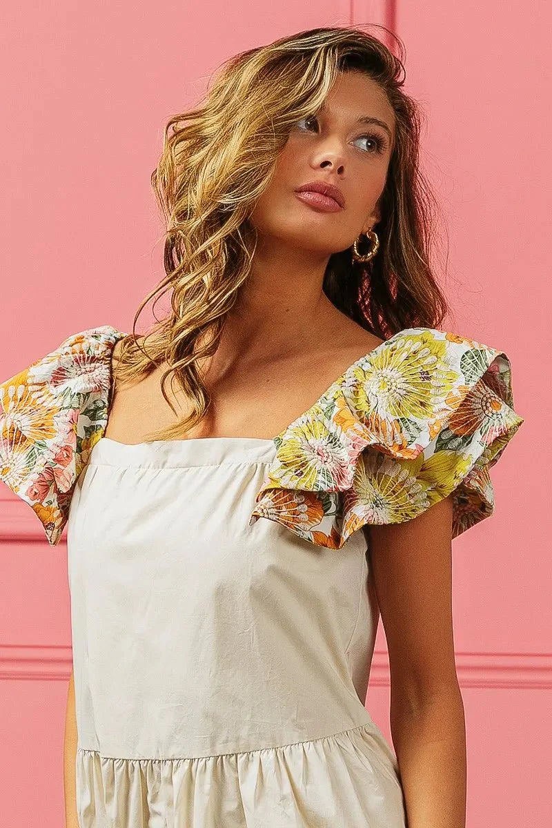 BiBi Flower Embroidered Floral Print Sleeve Dress for Women