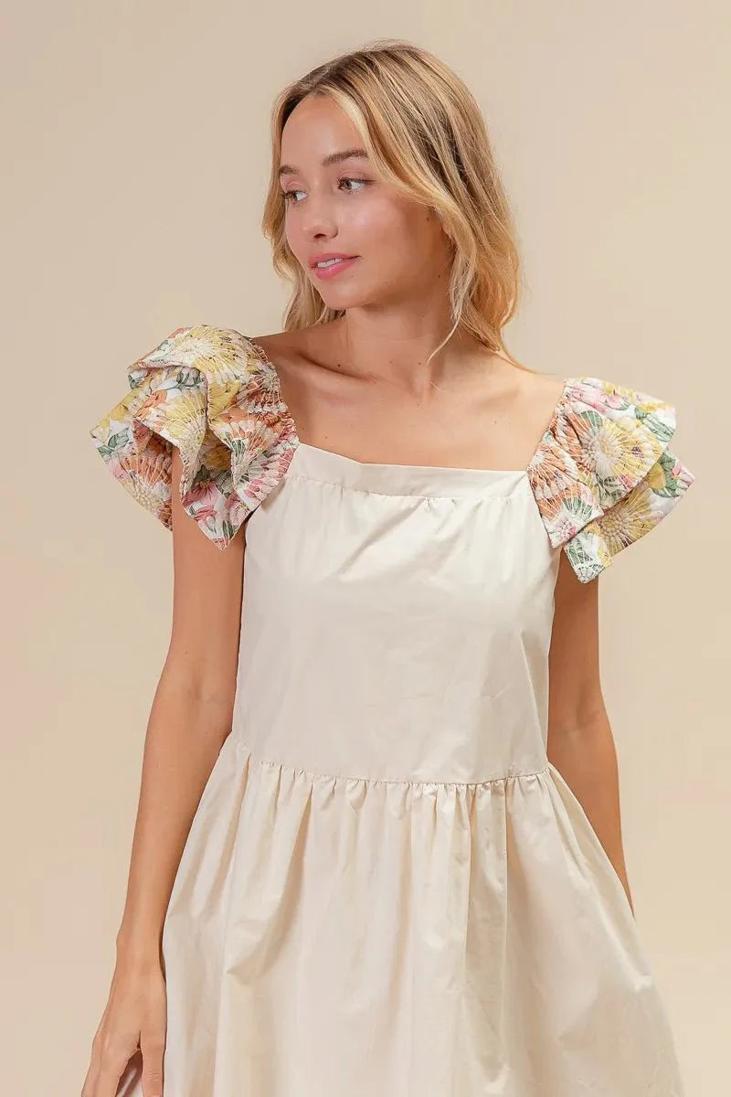 BiBi Flower Embroidered Floral Print Sleeve Dress for Women