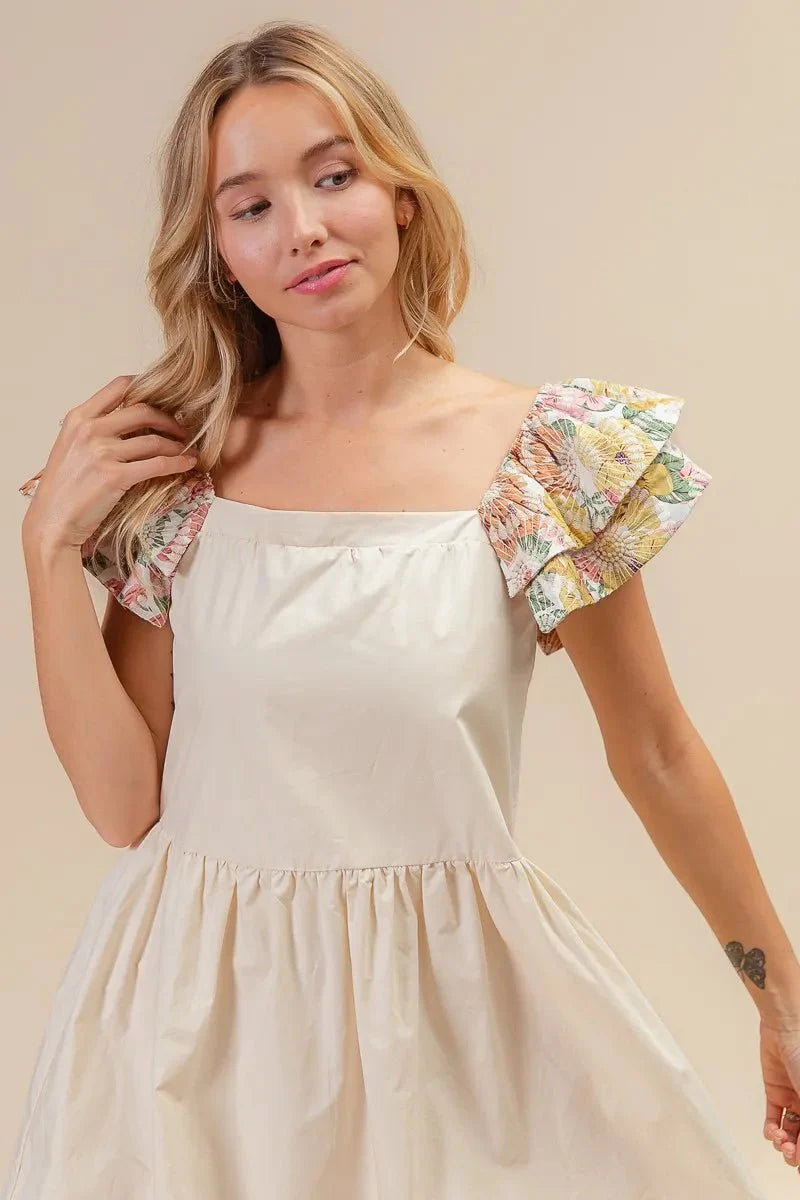 BiBi Flower Embroidered Floral Print Sleeve Dress for Women