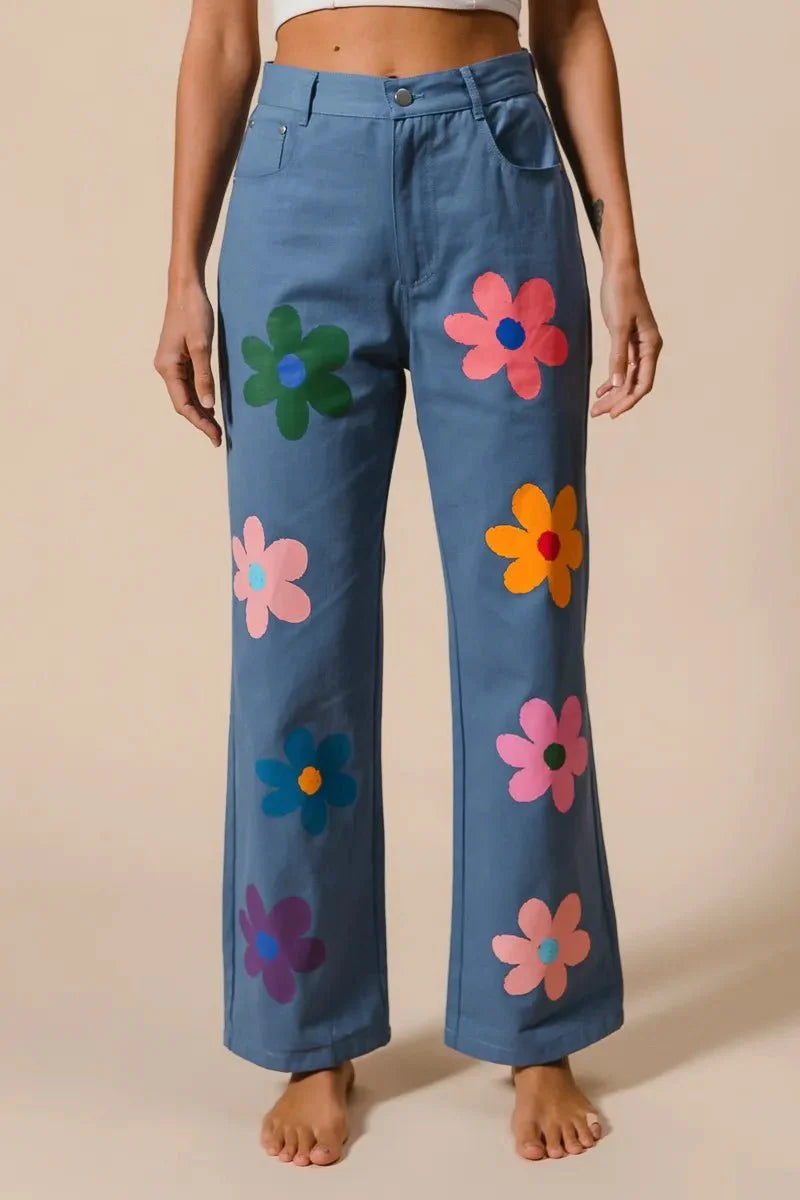 BiBi Flower Print Straight Legs Pants for Chic Style