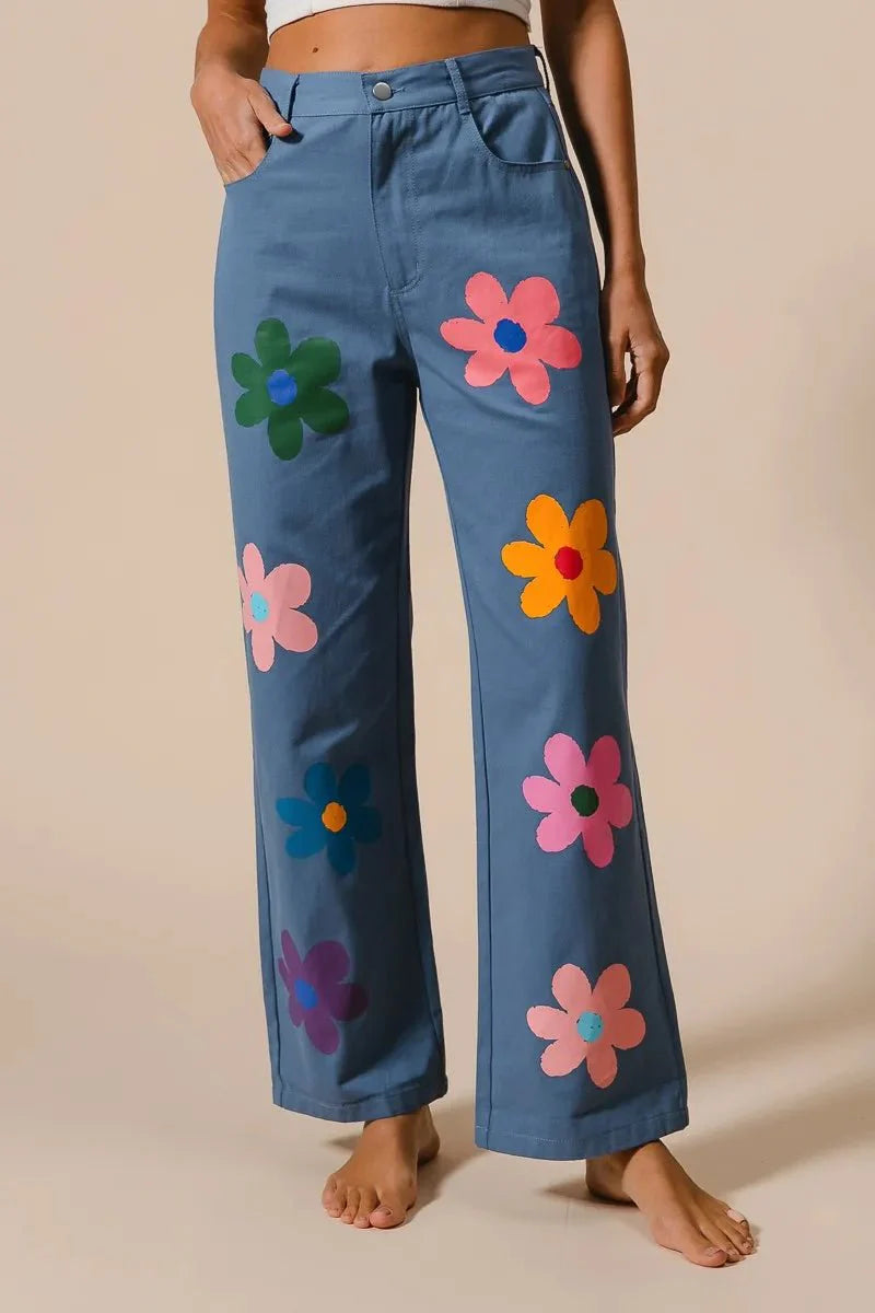 BiBi Flower Print Straight Legs Pants for Chic Style