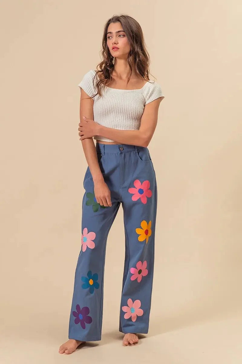 BiBi Flower Print Straight Legs Pants for Chic Style