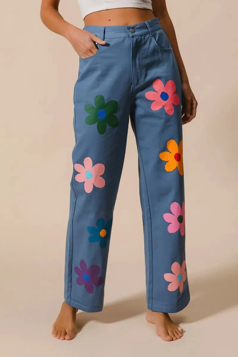 BiBi Flower Print Straight Legs Pants for Chic Style