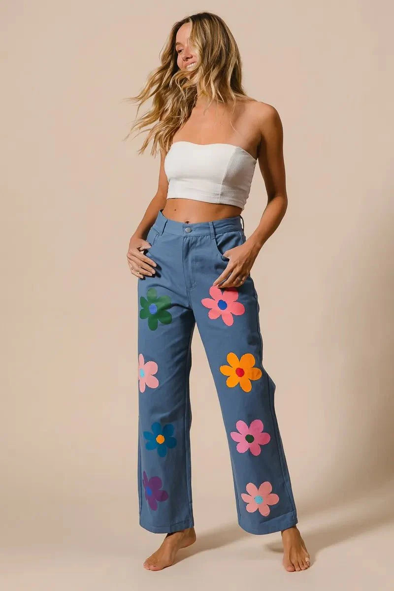 BiBi Flower Print Straight Legs Pants for Chic Style