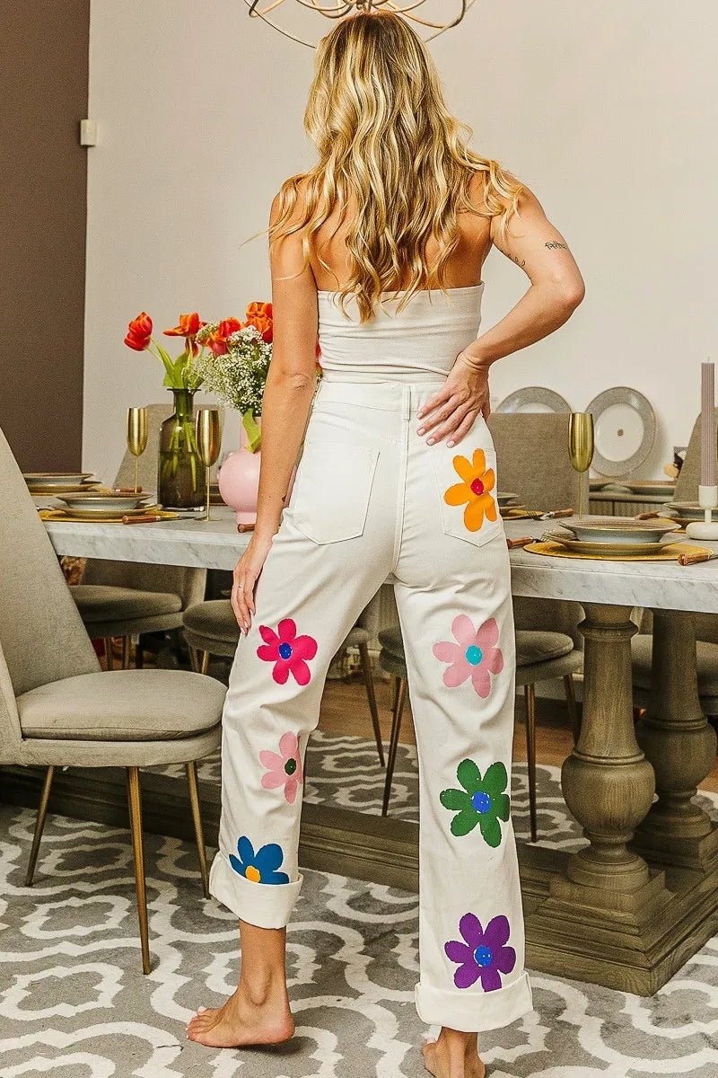 BiBi Flower Print Straight Legs Pants for Chic Style