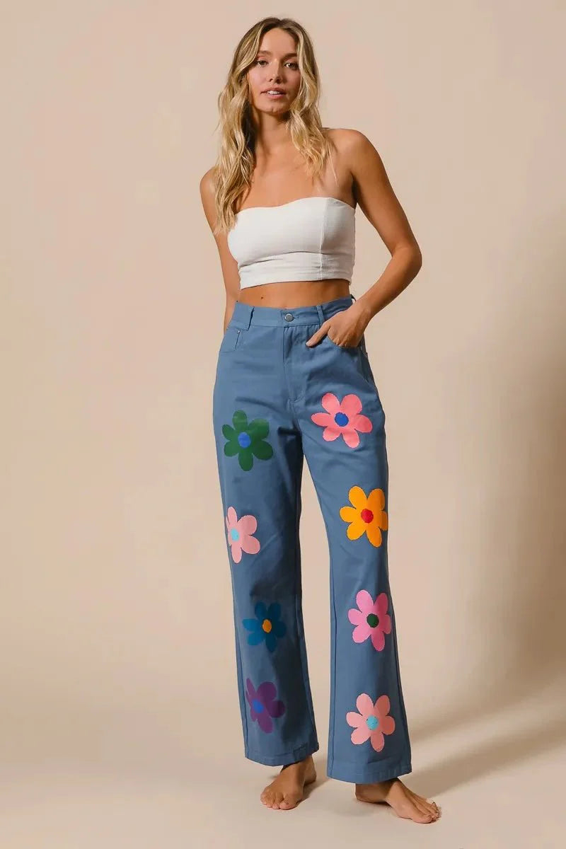 BiBi Flower Print Straight Legs Pants for Chic Style