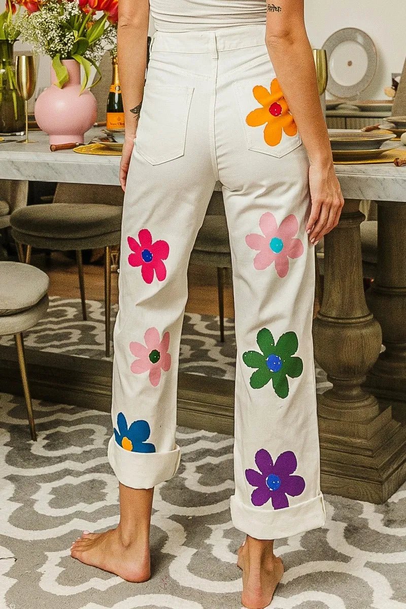 BiBi Flower Print Straight Legs Pants for Chic Style