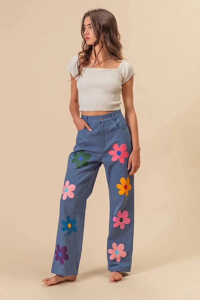 BiBi Flower Print Straight Legs Pants for Chic Style