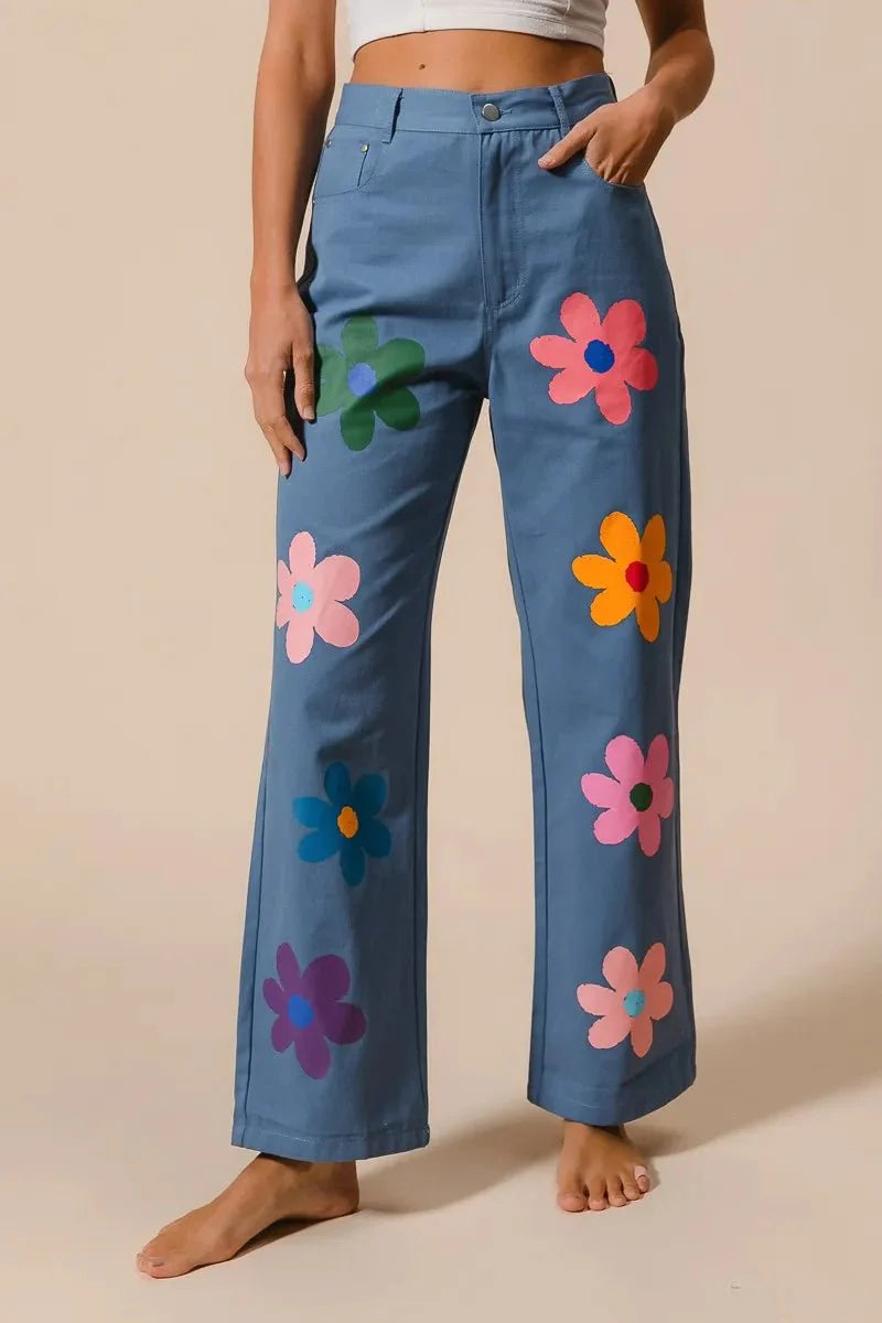 BiBi Flower Print Straight Legs Pants for Chic Style
